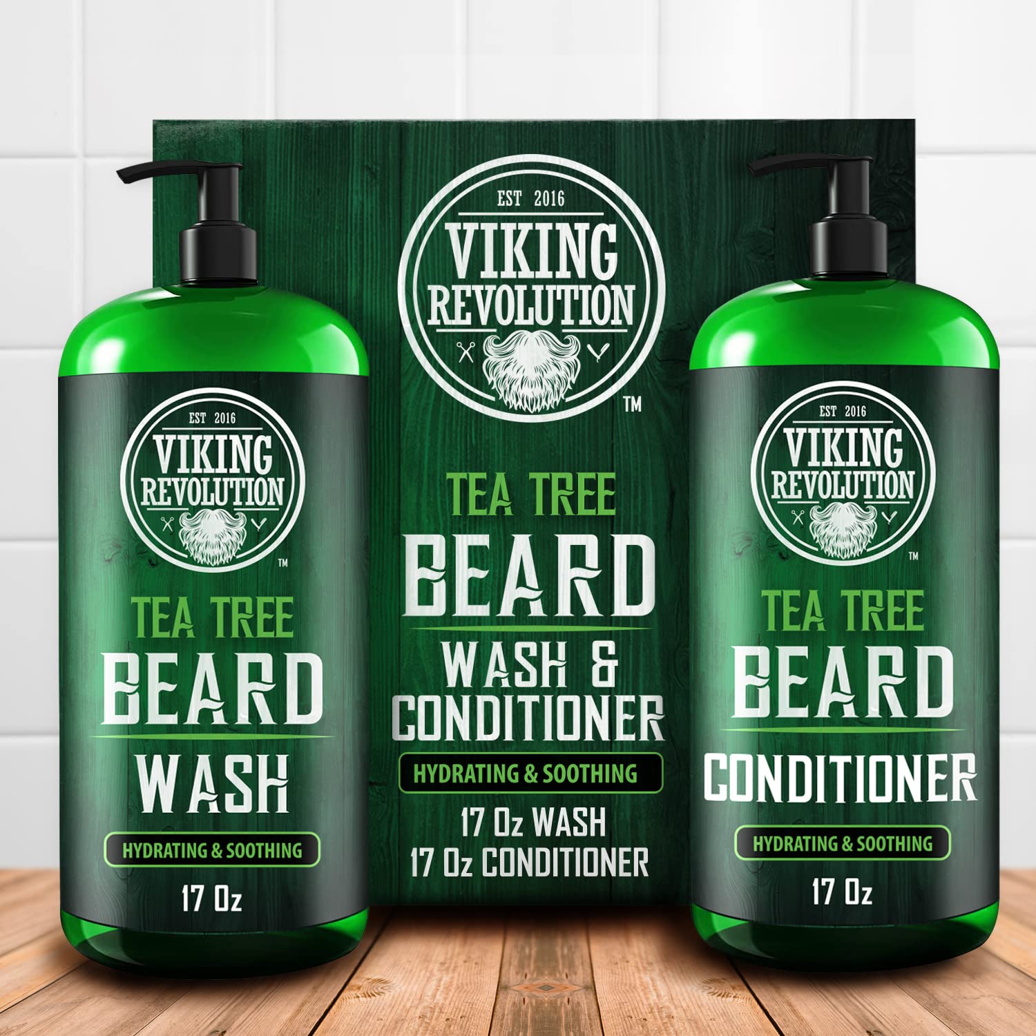 Viking Revolution Tea Tree Oil Beard Wash and Beard Conditioner For Men - Natural Beard Softener Set with Argan Oil, Vitamin E and Ginseng - Beard Shampoo and Conditioner Set (17 Oz) : Beauty & Personal Care