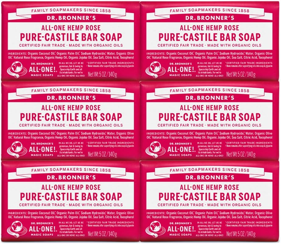 Dr. Bronner's - Pure-Castile Bar Soap (Rose, 5 ounce, 6-Pack) - Made with Organic Oils, For Face, Body and Hair, Gentle and Moisturizing, Biodegradable, Vegan, Cruelty-free, Non-GMO