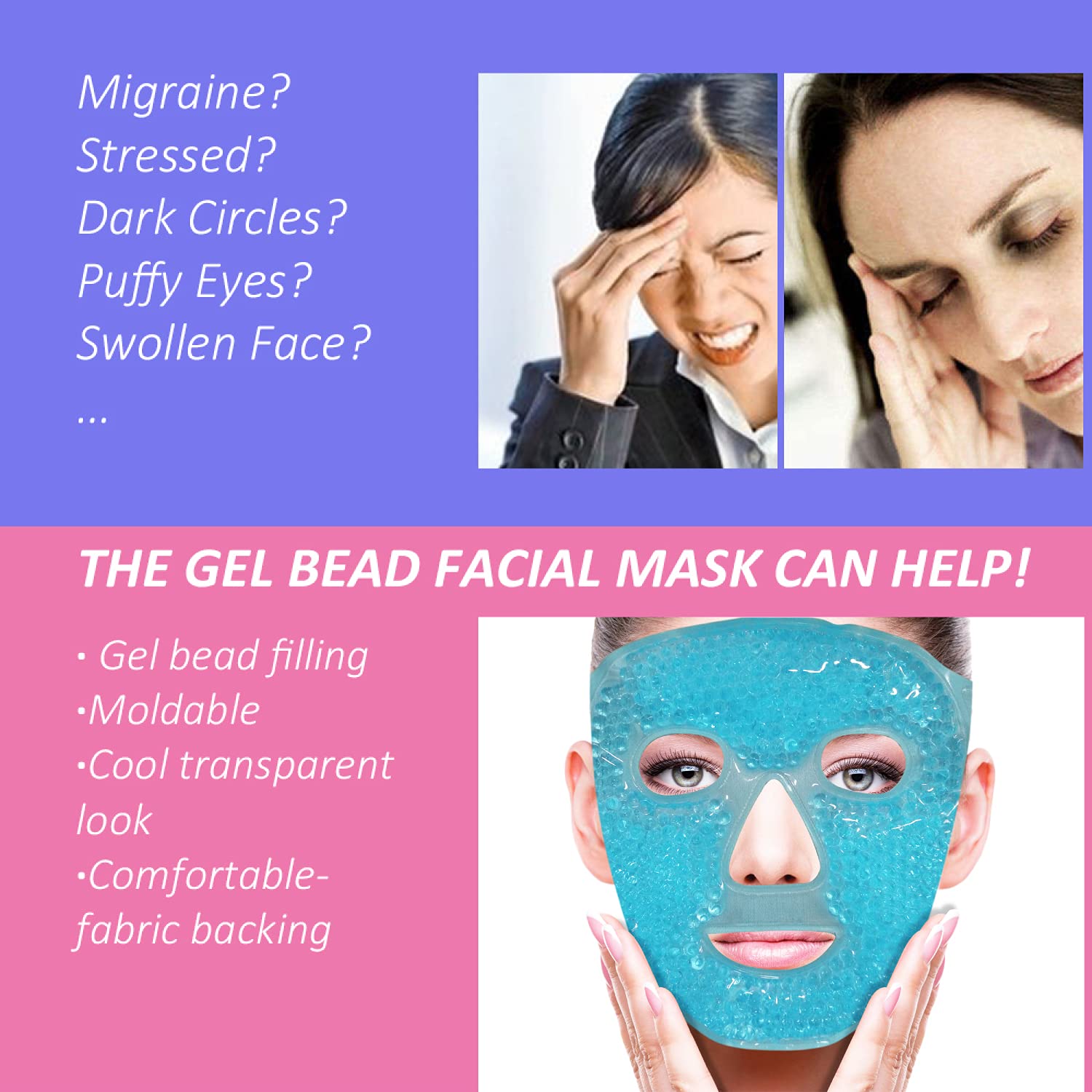 Znöcuetöd Cooling Ice Face Eye Mask For Reducing Puffiness, Bags Under Eyes,Sinus,Redness,Pain Relief,Dark Circles, Migraine,Hot/Cold Pack With Soft Plush Backing (Purple(1* Eye Mask+1*Face Mask))