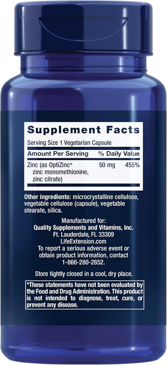 Life Extension Zinc Caps, Zinc 50 Mg, Zinc Citrate, Support The Body'S Immune Defenses, Ultra-Absorbable, Vegetarian, Non-Gmo, Gluten-Free, 90 Vegetarian Capsules, 90 Count (Pack Of 1)