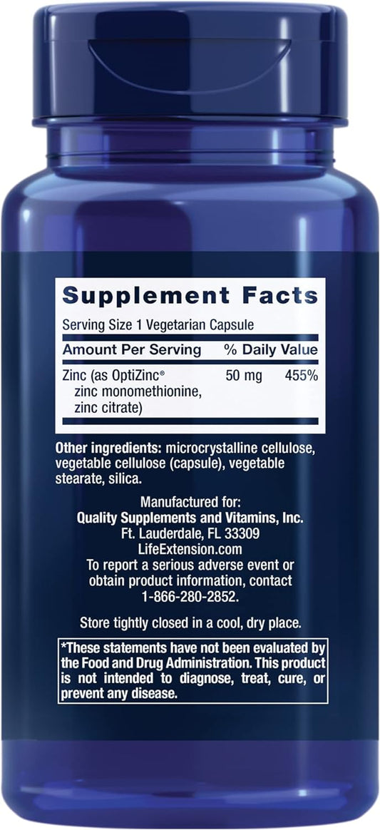 Life Extension Zinc Caps, zinc 50 mg, zinc citrate, Support the body's immune defenses, ultra-absorbable, vegetarian, non-GMO, gluten-free, 90 vegetarian capsules, 90 Count (Pack of 1)