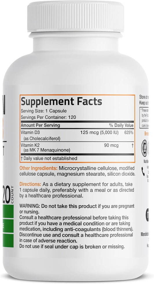 Bronson Vitamin K2 (Mk7) With D3 Supplement Non-Gmo Formula 5000 Iu Vitamin D3 & 90 Mcg Vitamin K2 Mk-7 Easy To Swallow Vitamin D & K Complex, 120 Capsules