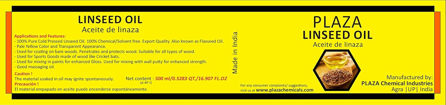 Linseed Oil Pure - 500 ml Pack (Bat Oil) by PLAZA Used for Wood Polishing and Wood Strength, Used for Cricket Bats, Used for Mixing in Paints for Enhanced Gloss, Good Massaging Oil. : Health & Household