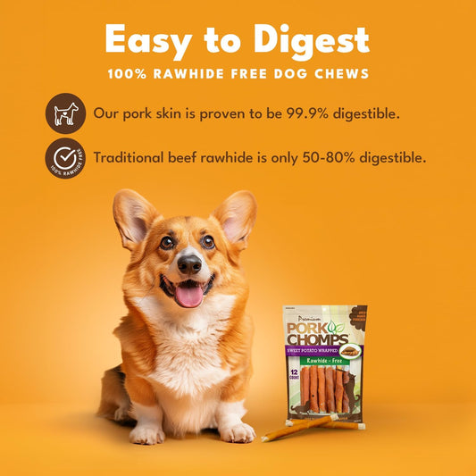 Pork Chomps Baked Pork Skin Dog Chews, 5-Inch Mini Twists, Real Sweet Potato Wrap, 12 Count