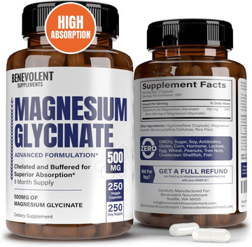 Premium Magnesium Glycinate 500Mg Capsules High Absorption Formula Chelated Buffered Glycinate To Support Digestion, Bone, Sleep & Muscle Health - Made In Usa - 250 Capsules