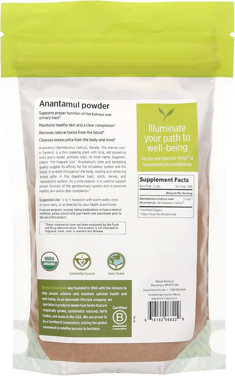 Banyan Botanicals Anantamul Powder - Certified Organic, 1/2  - Hemidesmus indicus - A Pitta-Balancing herb That Supports Proper Function of The genitourinary System and Promotes Healthy Skin