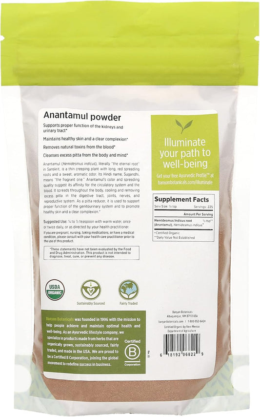 Banyan Botanicals Anantamul Powder - Certified Organic, 1/2  - Hemidesmus indicus - A Pitta-Balancing herb That Supports Proper Function of The genitourinary System and Promotes Healthy Skin