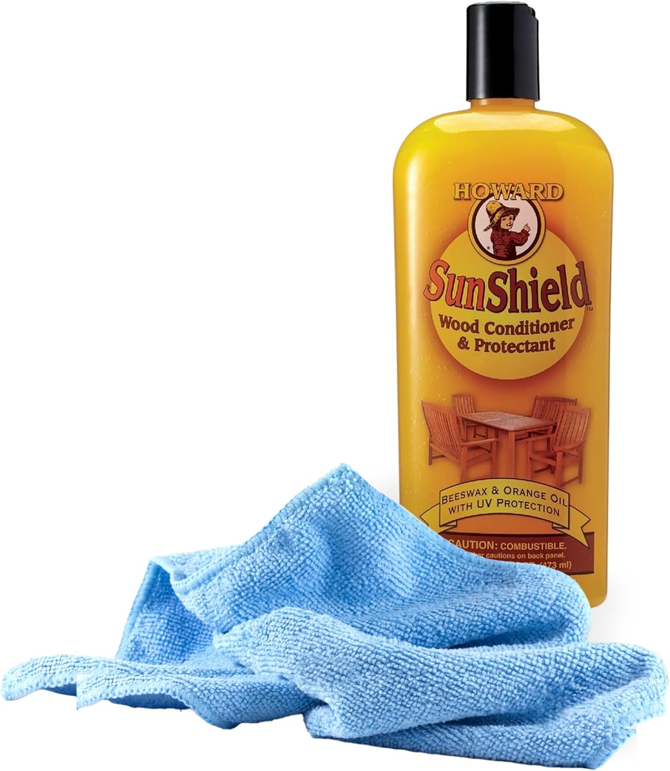 Black Swan Distributors - Howard SunShield Wood Conditioner & Protectant (16 oz) & Non-Abrasive, Washable Microfiber Cleaning Cloth (15x15 in) - Beeswax & Orange Oil - For Any Wood Surface