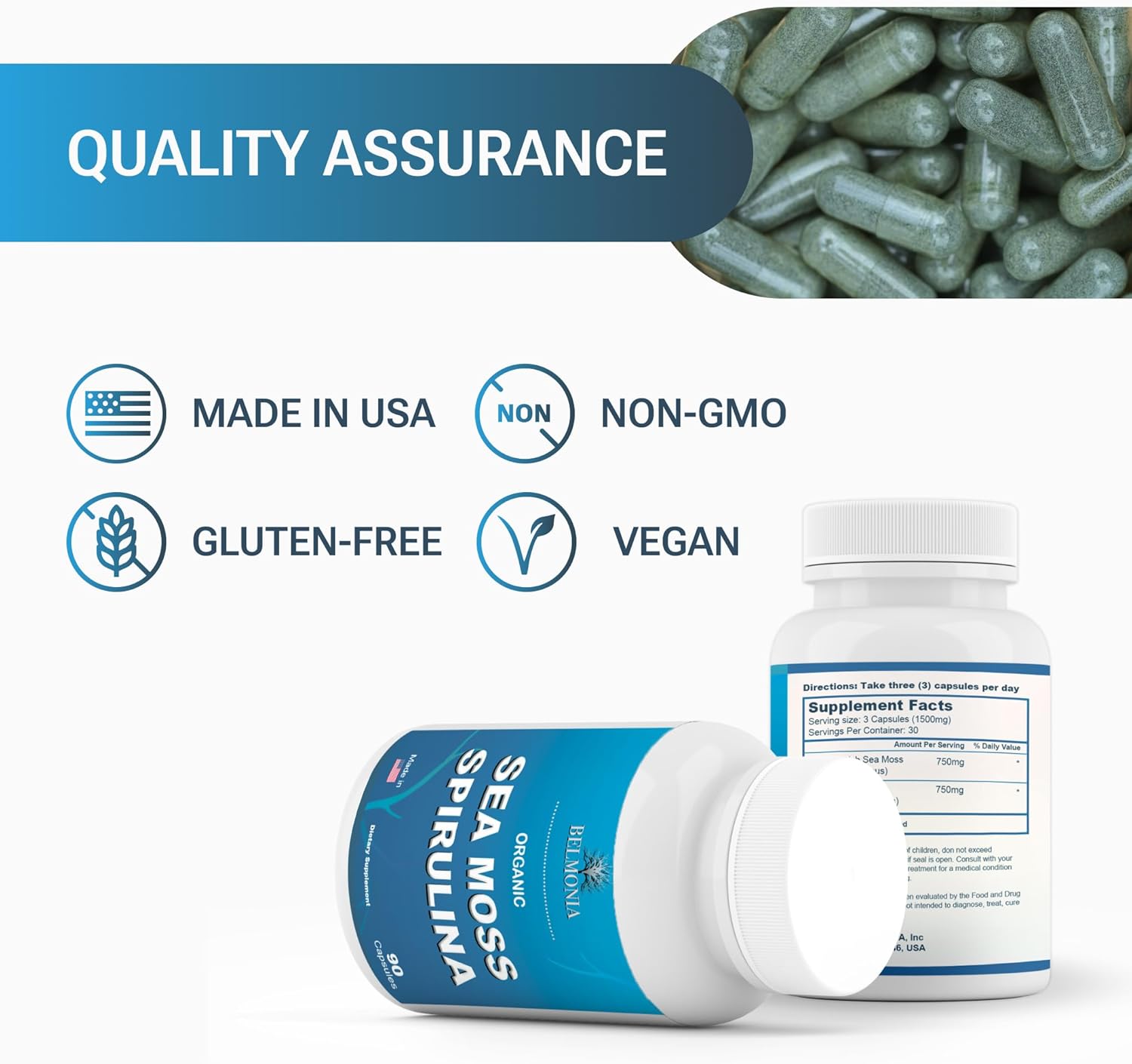 Organic Sea Moss Spirulina, 90 Capsules, Organic Sea Moss Spirulina Supplement, Immune Support, Endurance & Microingredients Source — Vegan Capsules For Men & Women