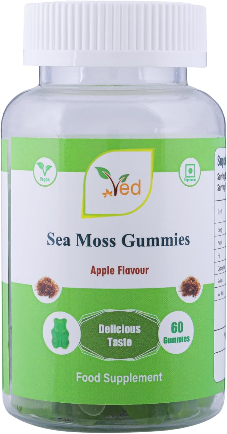 Ved Sea Moss Gummies; Sm Chews Apple Flavour, Raw Unfiltered Sea Moss Gummies With Mother Culture, Vegetarian Vegan Health Supplement For Men And Women- 60 Chews 30 Days’ Supply
