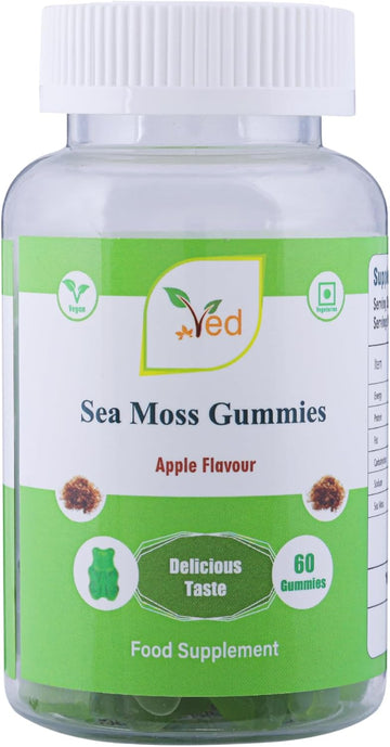 Ved Sea Moss Gummies; Sm Chews Apple Flavour, Raw Unfiltered Sea Moss Gummies With Mother Culture, Vegetarian Vegan Health Supplement For Men And Women- 60 Chews 30 Days’ Supply