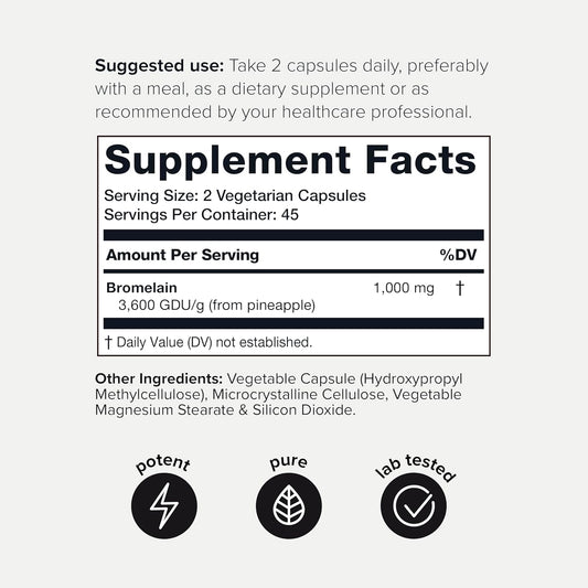 Ultra High Strength Bromelain 1000Mg - 3600 Gdu/Gram - Highly Concentrated And Bioavailable - Third-Party Tested Formula - 90 Vegetarian Capsules - 45 Servings Per Container - Bromelain Supplement