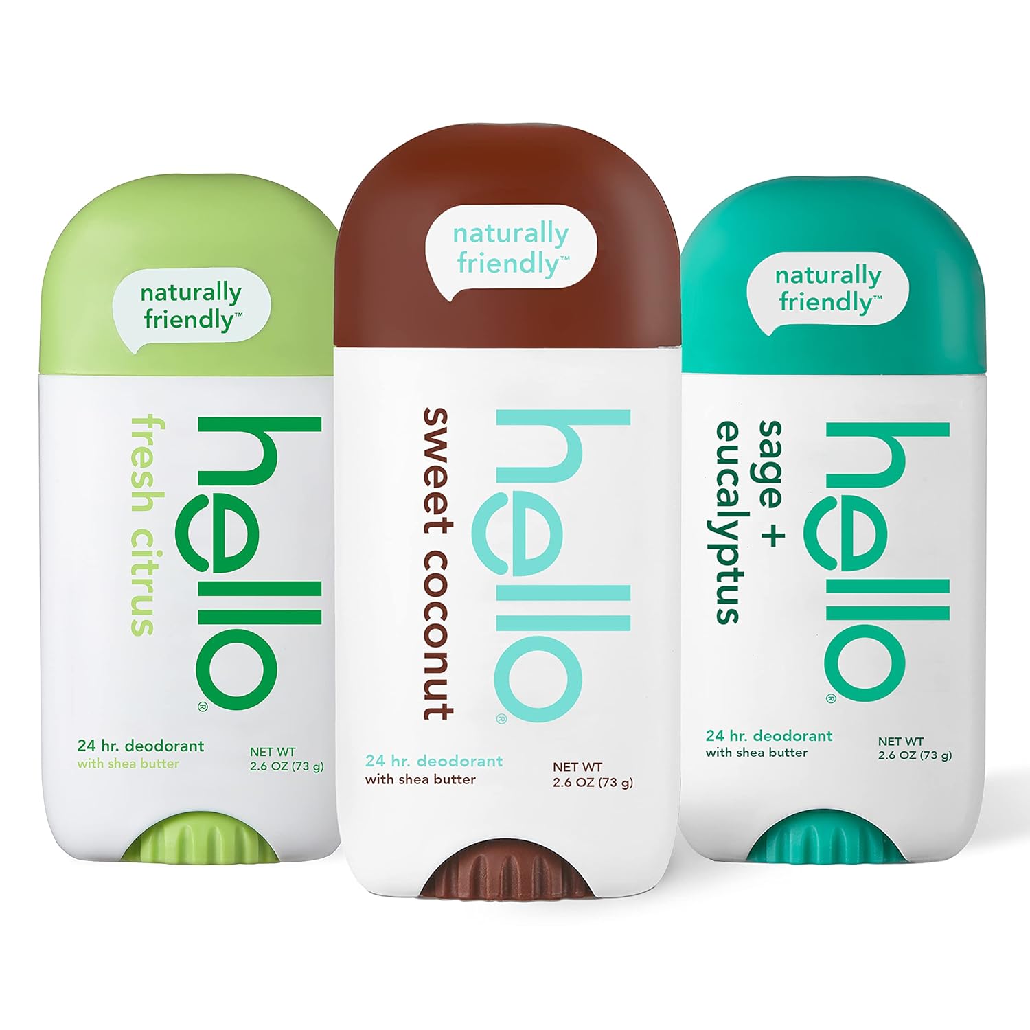 hello Deodorant Variety Pack (Sweet Coconut, Fresh Citrus, White Sage) for Women + Men, Aluminum Free, Baking Soda Free, Parabens Free, 24 Hour Odor Protection, 2.6 Ounce, 3 Pack