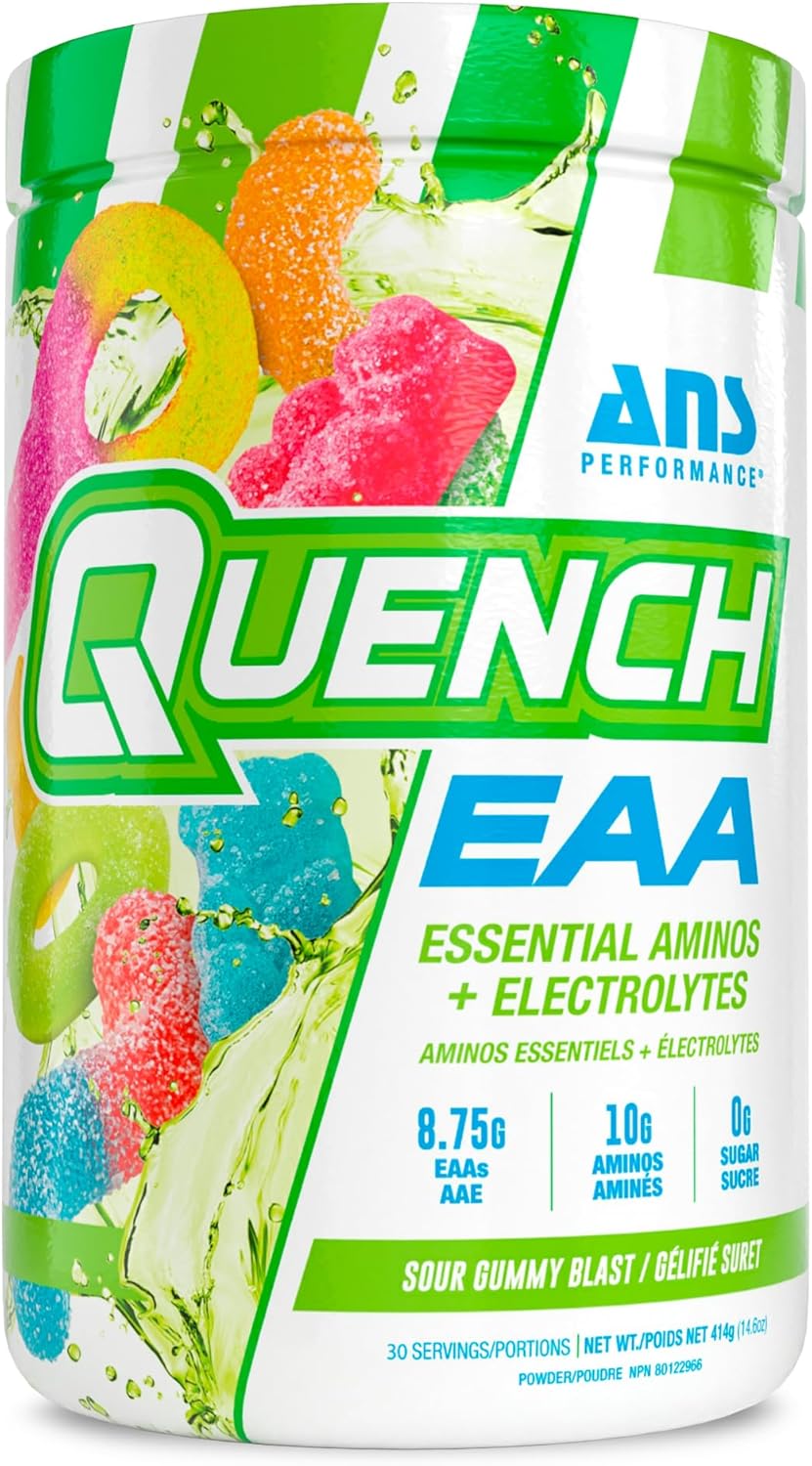 Quench Eaa Aminos + Electrolytes - Complete Blend Of 9 Eaas - 10G Total Amino Acids - Vitamins, Antioxidants, Electrolytes - Zero Sugar, Carbs, Calories (Sour Gummy Blast)