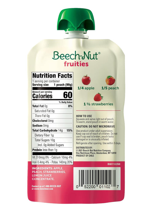 Beech-Nut Baby Food Pouches, Peach Apple Strawberry Fruit Puree Baby & Toddler Food, 3.5 Oz (12 Pack)