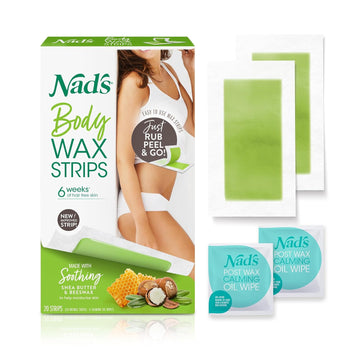 Nad's Body Wax Strips Hair Removal For Women All Skin Types, 20 Waxing Strips + 4 Calming Oil Wipes