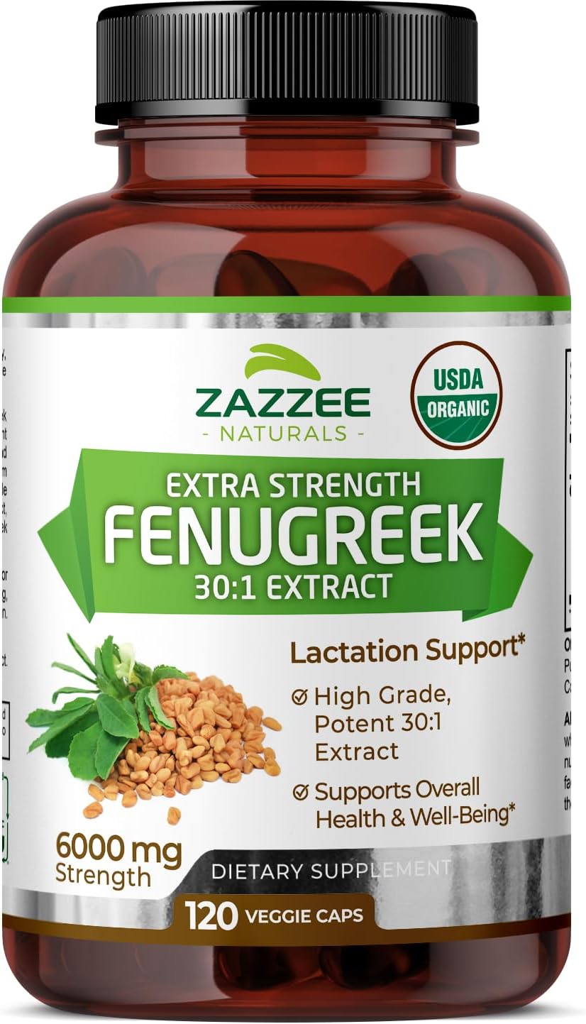 Zazzee Usda Organic Fenugreek 30:1 Extract, 6000 Mg Strength, 120 Vegan Capsules, 4 Month Supply, Standardized And Concentrated 30X Extract, 100% Vegetarian, All-Natural And Non-Gmo