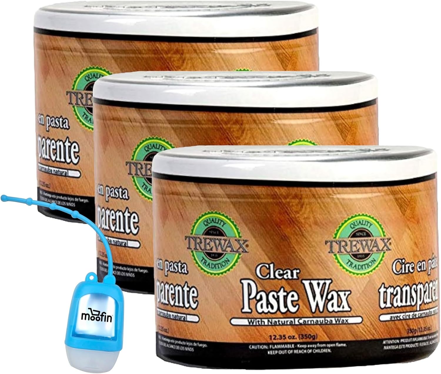 Trewax Clear Paste Carnauba Wax for Wood, 12.35 Oz - Carnauba Wax Paste with Moofin Hand Sanitizer Dispenser - Carnauba Paste Wax for Deep Protection on Surfaces - Carnauba Furniture Wax (Pack of 3)