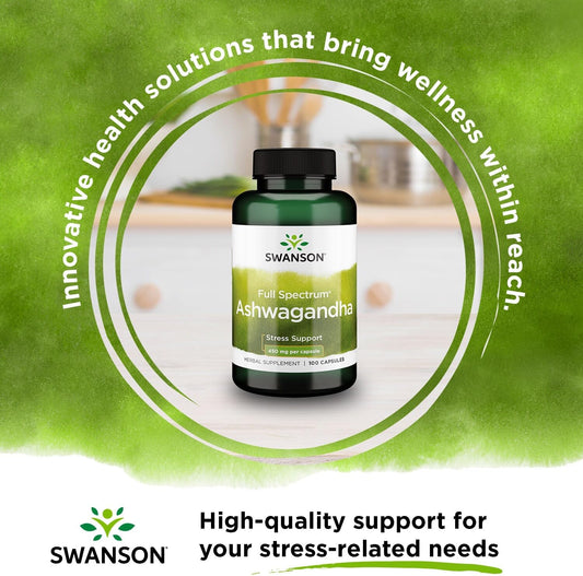 Swanson Ashwagandha Powder Supplement-Ashwagandha Root & Aerial Parts Supplement Promoting Stress Relief & Energy Support-Ayurvedic Supplement for Natural Wellness (100 Capsules, 450mg Each)