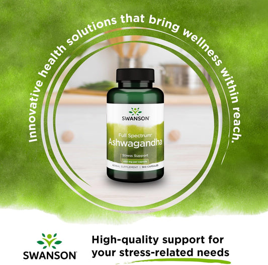 Swanson Ashwagandha Powder Supplement-Ashwagandha Root & Aerial Parts Supplement Promoting Stress Relief & Energy Support-Ayurvedic Supplement For Natural Wellness (100 Capsules, 450Mg Each)