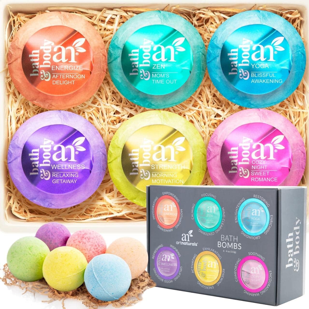 Artnaturals Bath Bombs Gift Set - 6 Bubble Bath Bomb Fizzies - W/Essential Oils, Shea & Cocoa Butter - Aromatherapy For Spa & Relaxing - For Moisturizing Dry Skin - For Women, Kids & Men