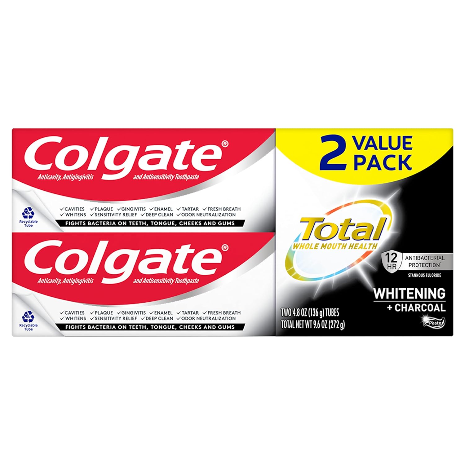 Colgate Total Whitening + Charcoal Toothpaste, 10 Benefits Including Sensitivity Relief And Teeth Whitening Toothpaste, 4.8 Oz Tube, 2 Pack