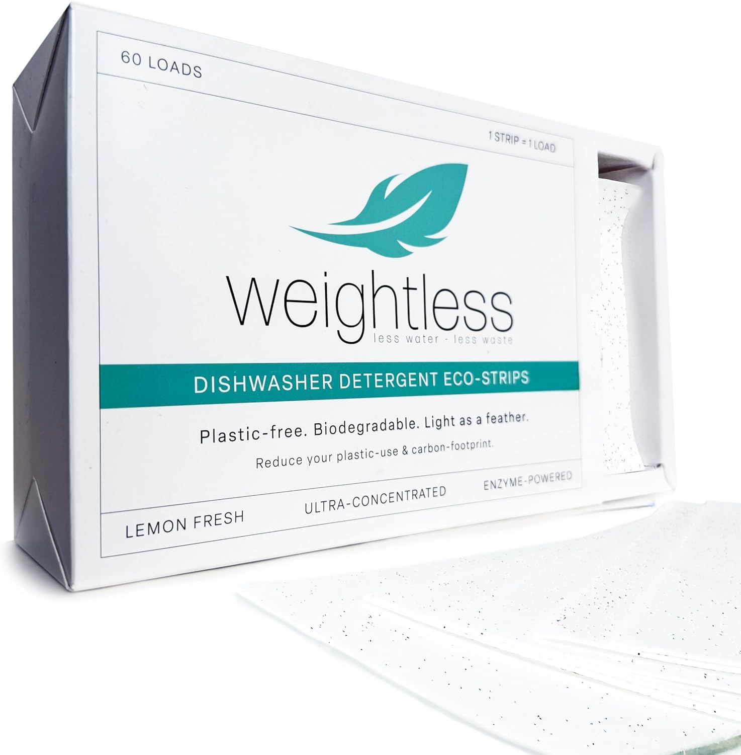WEIGHTLESS Dishwasher Detergent Sheets - Enzyme-Powered Formula Cuts Grease & Dissolves Stuck On Food - Plastic Free & Eco Friendly Alternative to Pods, Liquid & Powder - No Harsh Chemicals - 60 Loads