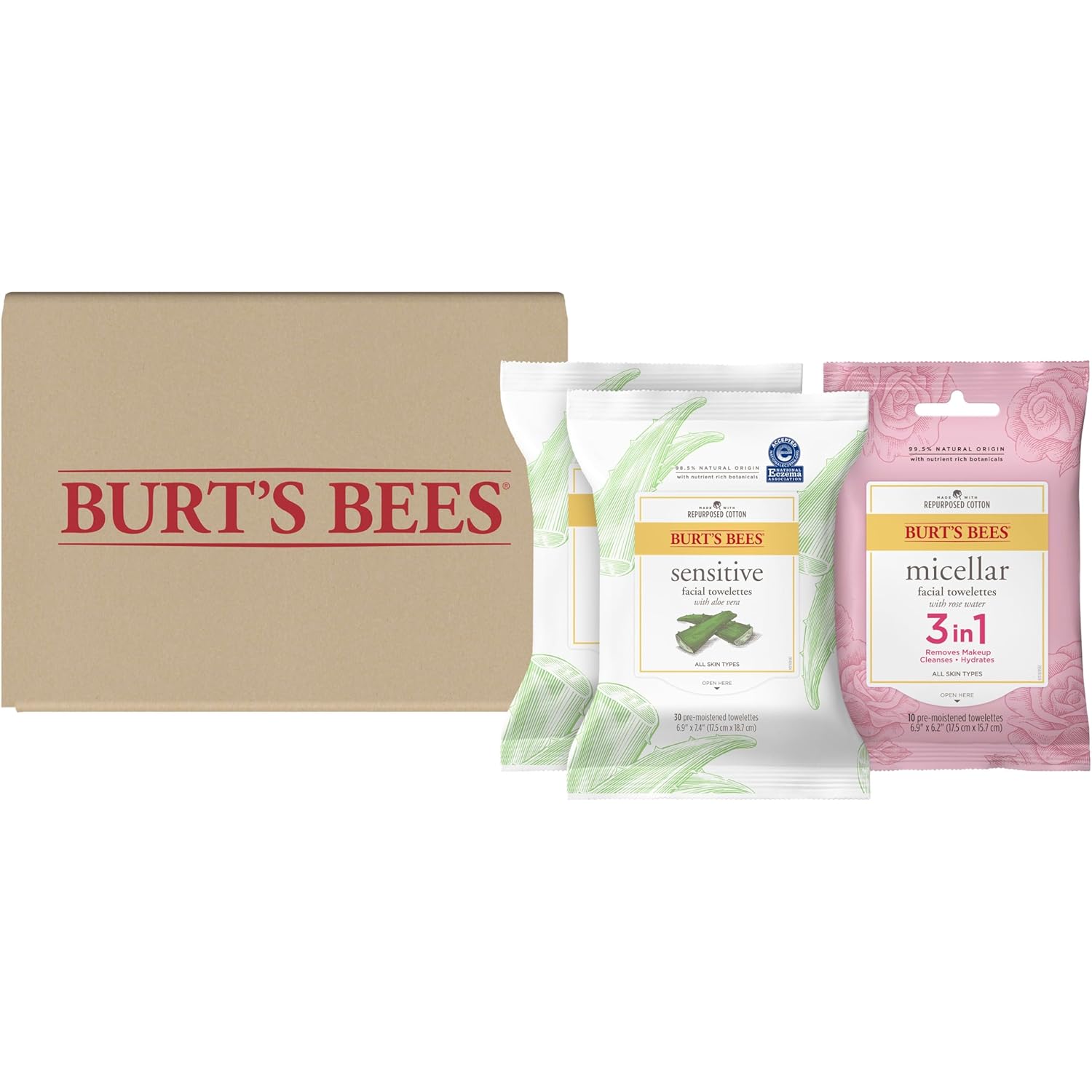 Burt's Bees Sensitive and Micellar Facial Towelettes With Aloe Vera and Rose Water, Pre-Moistened Towelettes for All Skin Types, 98.5/99.5 Percent Natural, 30 ct. Package (2 Pack) and 10 ct. Package