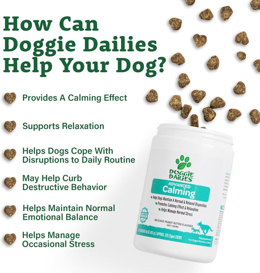 Doggie Dailies Calming Chews For Dogs, 225 Soft Chews, Melatonin For Dogs With Chamomile To Help Manage Stress Relief, Calm & Relaxation During Thunderstorms, Fireworks, Travel, & Separation