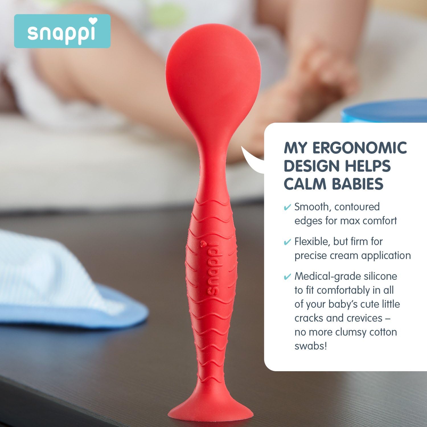 Snappi Baby Ergo Brush Diaper Cream Applicator for a Baby Bum | Medical-Grade Silicone Diaper Rash Cream Bottom Brush Keeps Hands/Fingernails Clean (Cardinal Red) : Baby