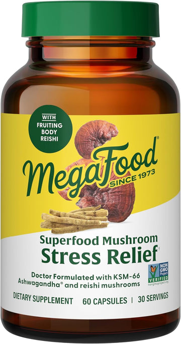 Megafood Superfood Mushroom Stress Relief - Reishi Mushroom Supplement With Clinically Studied Ksm-66 Ashwagandha To Reduce Stress - Doctor Formulated, Vegan - 60 Capsules, 30 Servings