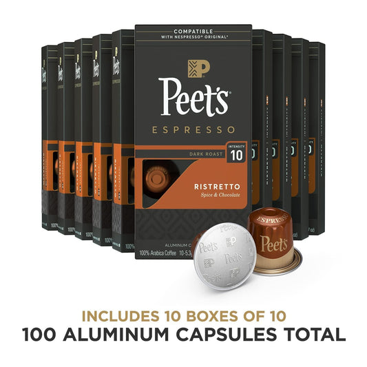 Peet's Coffee, Dark Roast Espresso Pods, Ristretto Intensity 10, 100 Count (10 Boxes of 10 Espresso Capsules)