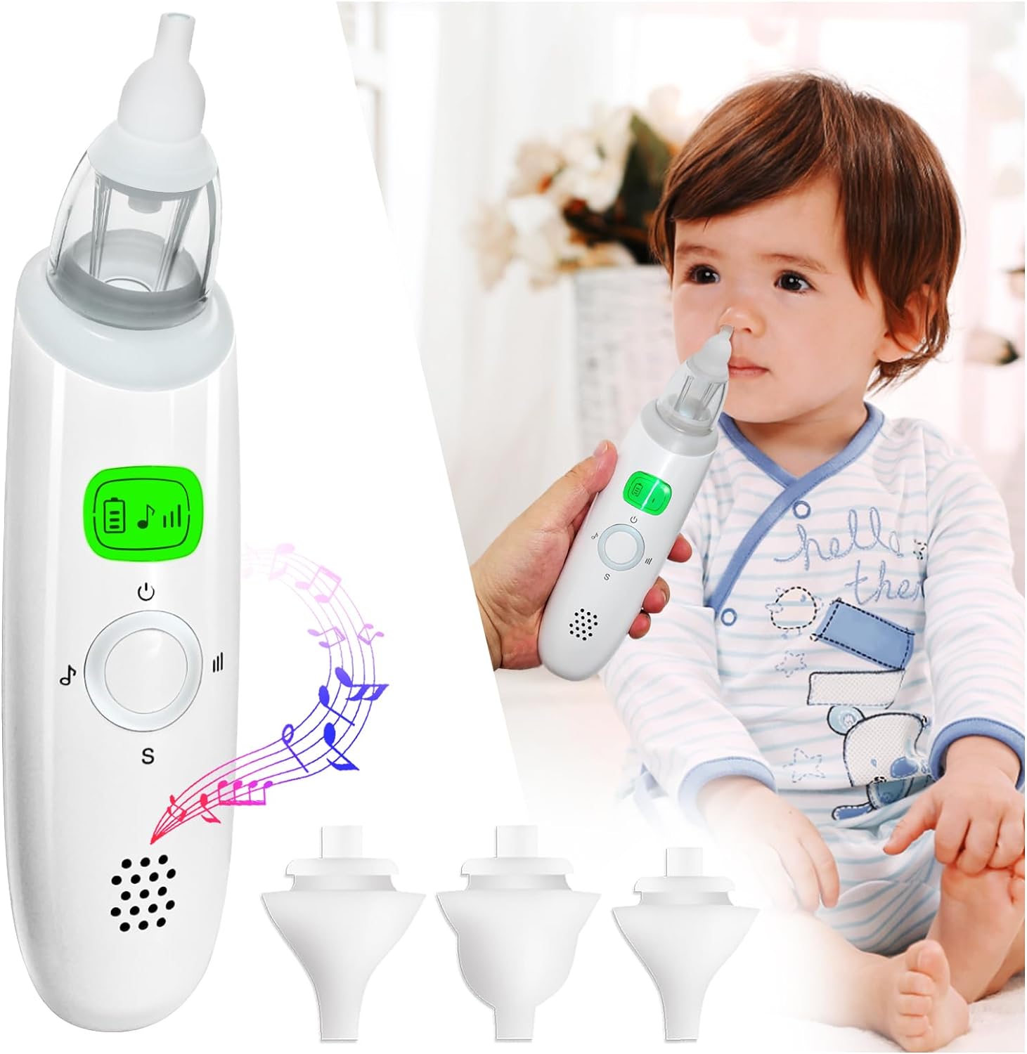 Nasal Aspirator for Baby, Electric Nose Aspirator for Toddler, with 3 Silicone Suck Head, Baby Nose Sucker,Automatic Nose Cleaner,Adjustable Suction Level, Music and Light USB Rechargeable