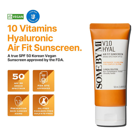 Some By Mi V10 Hyal Air Fit Sunscreen - 1.69Oz, 50Ml - Daily Moisturizing Spf 50 Korean Sunscreen For Face With Uv Protection - No White Cast And Eye Irritation For Sensitive Skin - Korean Skin Care