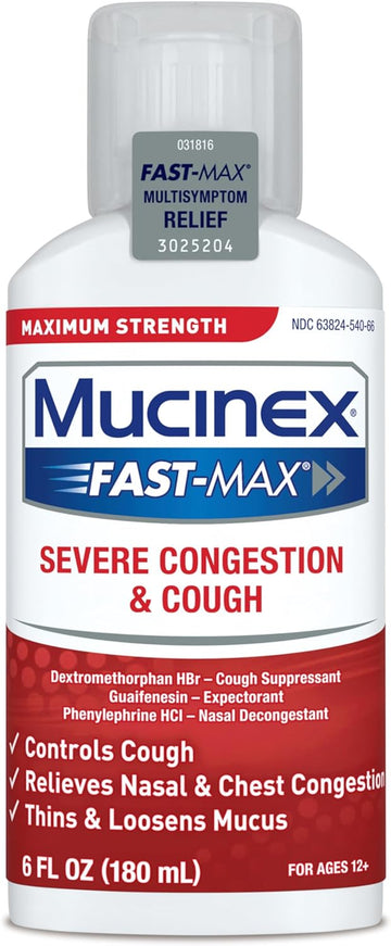 Mucinex Fast-Max Severe Congestion & Cough Medicine, Maximum Strength Symptom Relief, Over-The-Counter Medication, Cold Medicine, Cough Suppressant, Expectorant, Nasal Decongestant, Fsa/Hsa, 6 Fl Oz