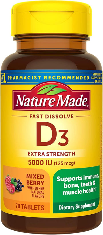 Nature Made Extra Strength Vitamin D3 5000 Iu (125 Mcg), Vitamin D Supplement For Bone, Teeth, Muscle, Immune Health Support, 70 Sugar Free Fast Dissolve Tablets, 70 Day Supply