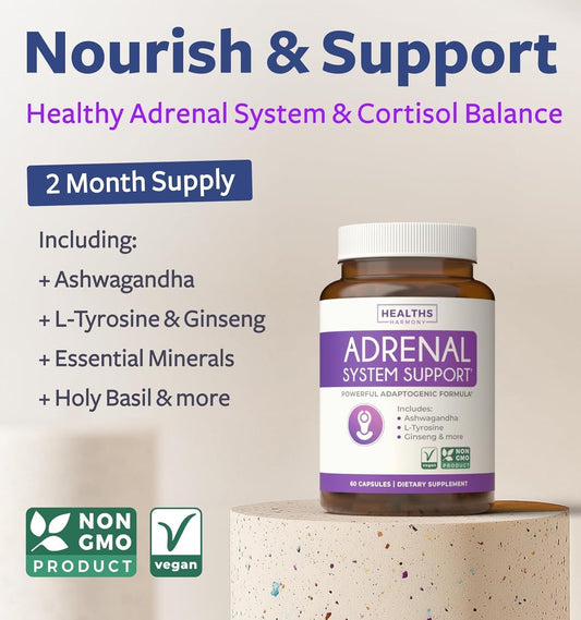 Adrenal System Support & Cortisol Manager (2 Month Supply) Powerful Ashwagandha & L-Tyrosine Fatigue Supplement - Maintain Balanced Cortisol Levels, Health, & Stress Relief - Non-Gmo - 60 Capsules