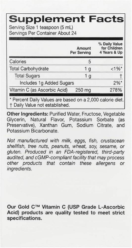 California Gold Nutrition Kids Gold C, Liquid Vitamin C, Tart Orange, 4 Fl Oz (118 Ml)