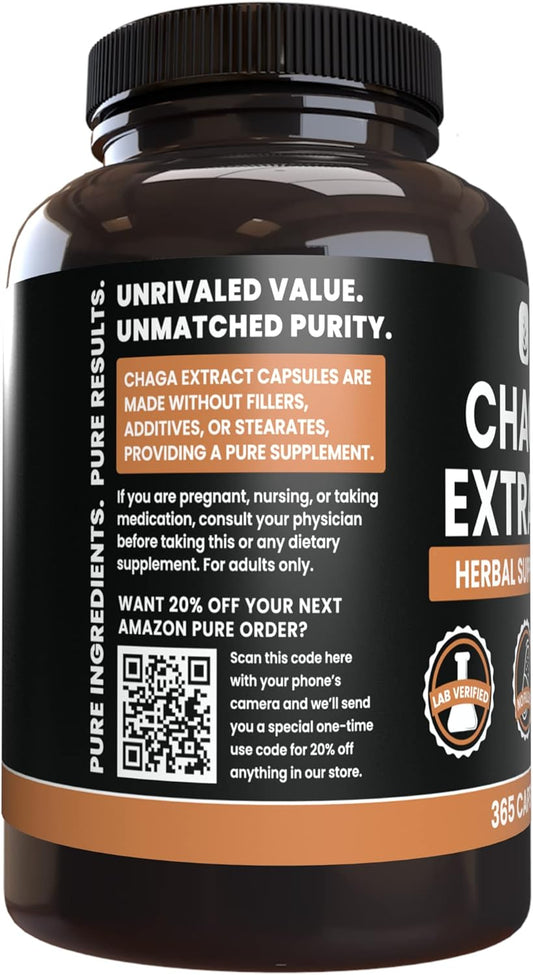 Pure Original Ingredients Chaga Mushroom Extract (365 Capsules) No Magnesium Or Rice Fillers, Always Pure, Lab Verified