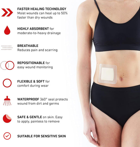 Opti-Heal Silicone Foam Absorbent Dressing - Neo G Sterile Large Wound Dressings Adhesive For Pressure Sores, Ulcer Treatment, Burns, Surgical Wounds - 10X8 Cm 3 Pcs