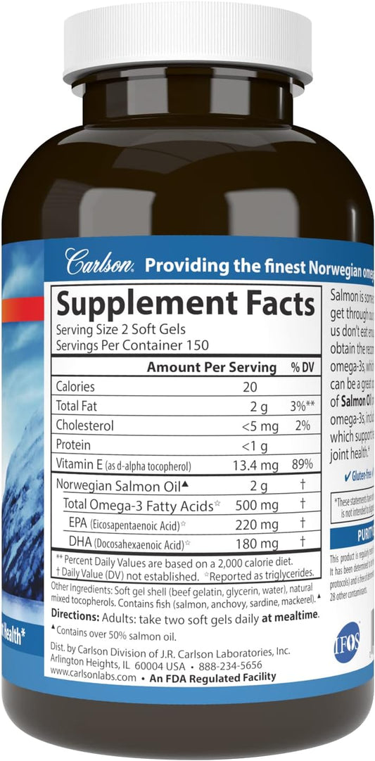 Carlson - Norwegian Salmon Oil, 500 mg Omega-3s, Norwegian Salmon Oil Supplement, Wild Caught Omega 3 Salmon Oil Capsules, Sustainably Sourced, Brain, Heart & Joint Health, 300 Softgels