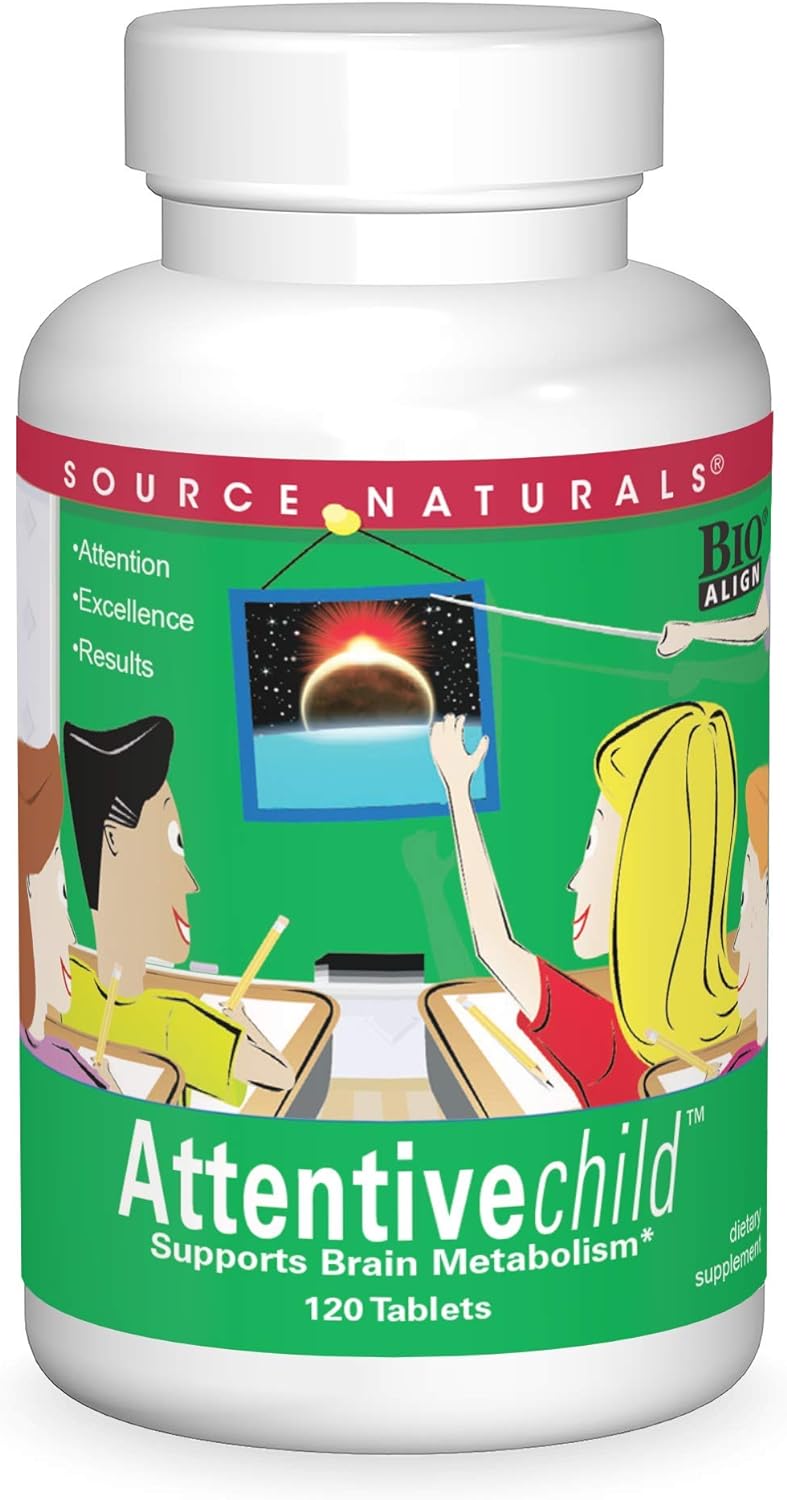 Source Naturals Attentive Child - Healthy Cognitive Nutrients For Active Children - Improved Focus & Attention With Dmae, Magnesium, Zinc & Grape Seed Extract - 120 Tablets