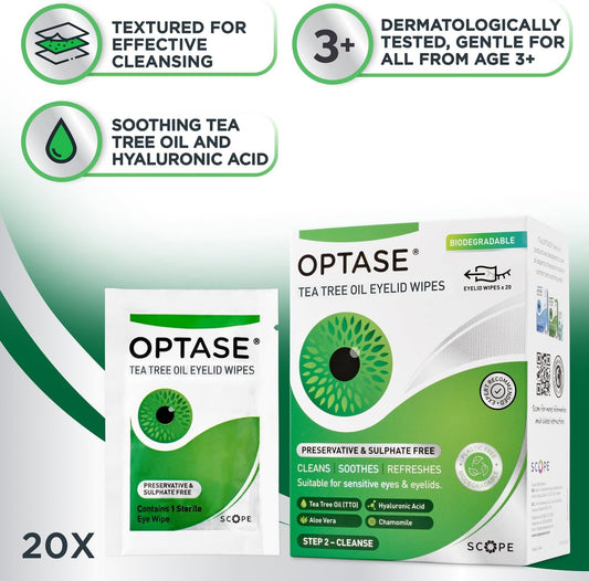 Optase Tea Tree Oil Eyelid Cleansing Wipes - Daily Hygiene & Relief From Blepharitis, Tired And Dry Eyes - 3X20 Pack