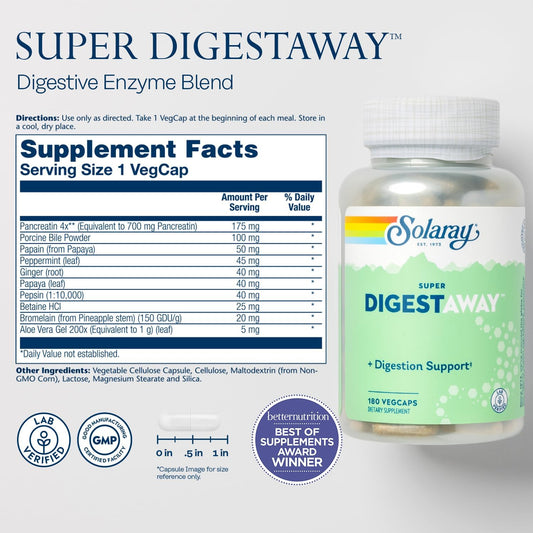 Solaray Super Digestaway Digestive Enzymes - Pancreatin, Papain, Ginger, Pepsin, Betaine Hcl, Aloe Vera, And More - Digestion & Nutrient Absorption Support - Lab Verified - 180 Vegcaps