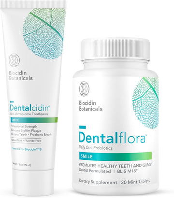 Biocidin Dentalcidin Toothpaste (3 Oz) & Oral Probiotic (30 Tablets) - Fluoride Free Toothpaste With Breath Freshener Probiotics To Support The Oral Microbiome, Gums & Teeth (2 Products)