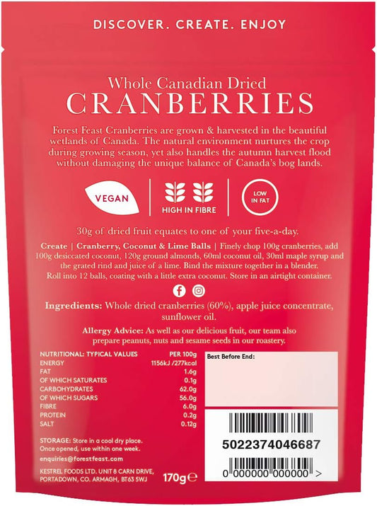 Forest Feast Whole Canadian Dried Cranberries 6 X 170G | Healthy Snacks 100% Natural Dried Fruit With No Added Sugar, Cranberries High In Fibre & Low Fat