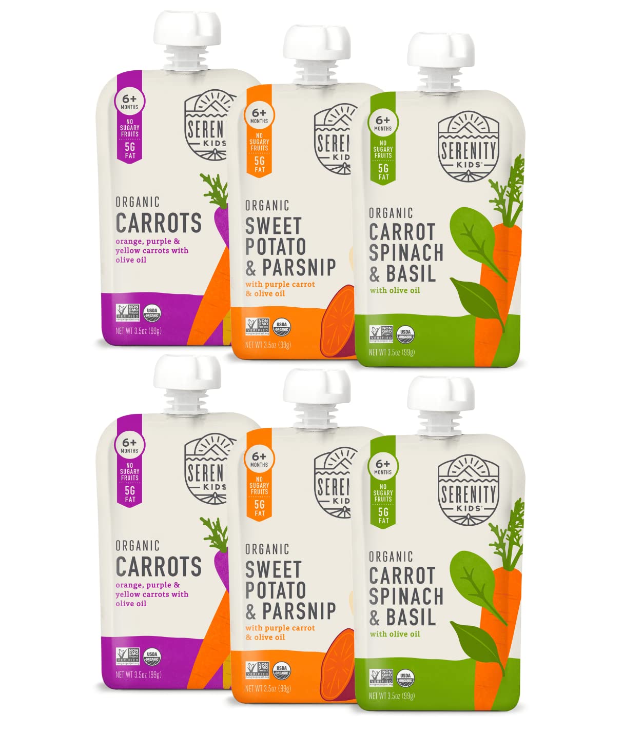 Serenity Kids 6+ Months Certified Organic Baby Food Pouches Veggie Puree | No Sugary Fruits Or Added Sugar | Allergen Free | 3.5 Ounce Bpa-Free Pouch | Garden Veggie Variety Pack | 6 Count