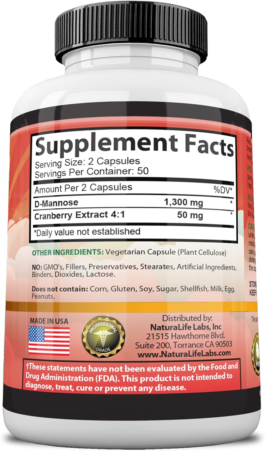 D-Mannose 1,300 mg with Cranberry Extract Fast-Acting, Flush Impurities, Natural Urinary Tract Health- 100 Veggie Capsules : Health & Household
