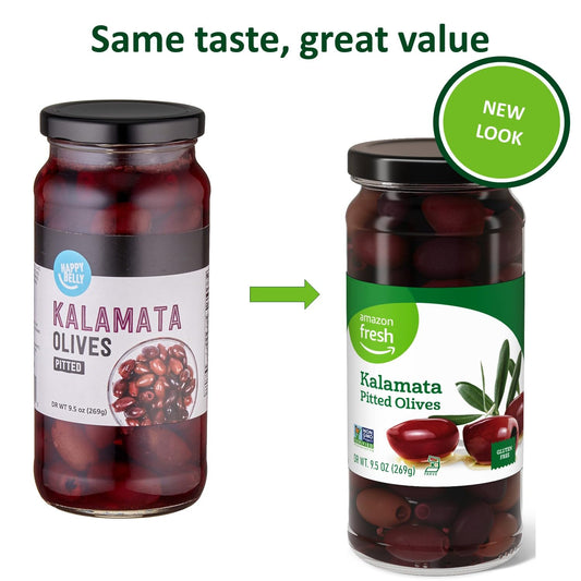 Amazon Fresh, Kalamata Pitted Olives, 9.5 Oz (Previously Happy Belly, Packaging May Vary)