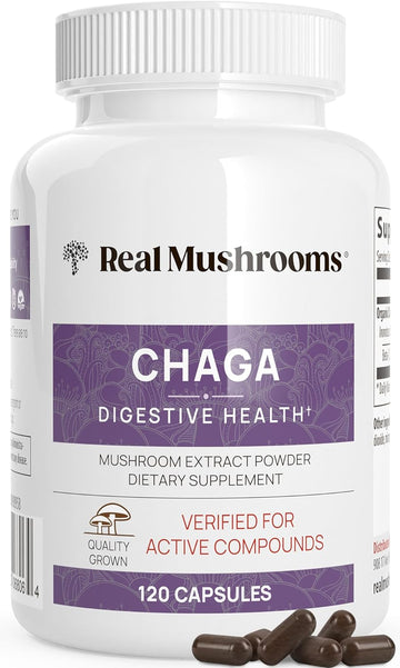 Real Mushrooms Chaga Capsules - Organic Mushroom Supplement With Chaga Extract - Chaga Mushroom Powder For Digestion, Energy, & Immune Support - Vegan Mushroom Extract, Non-Gmo, 120 Caps